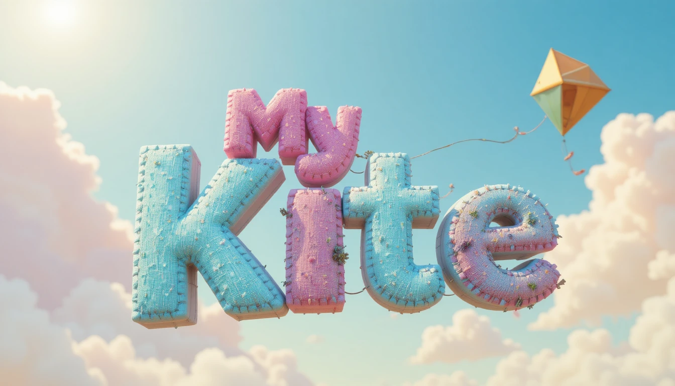 Schwebender 3D-Drachentiteltext am hellen Himmel