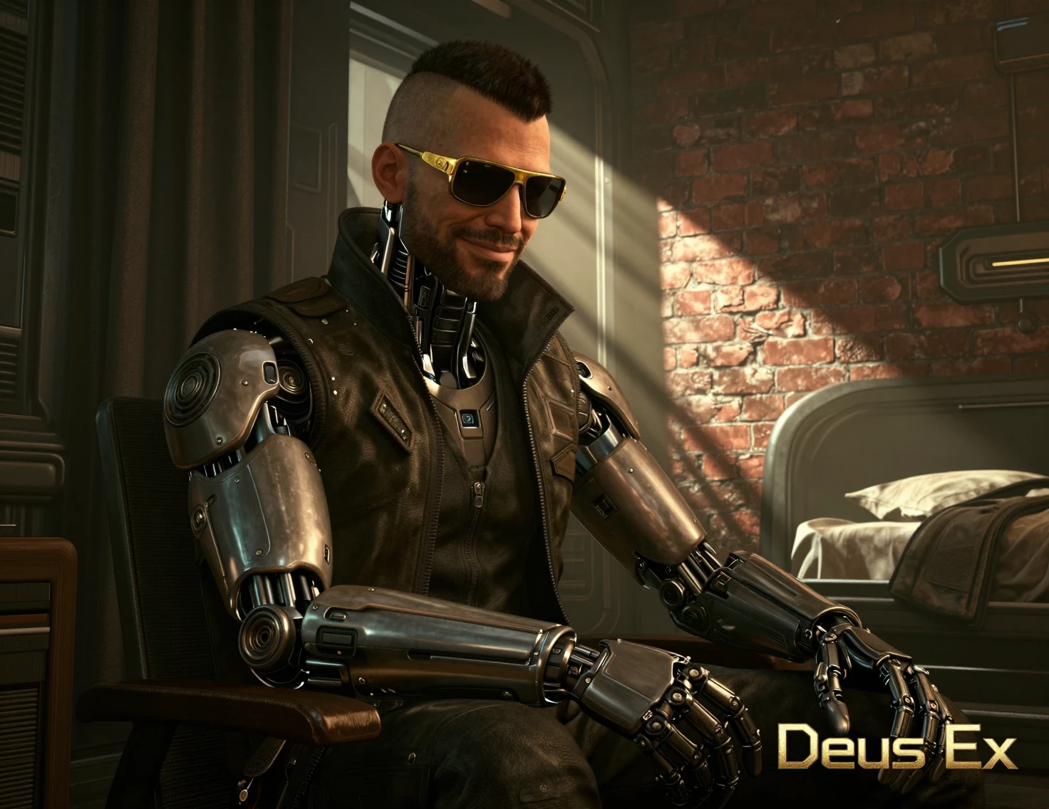 Augmented man resting in a sunlit cyberpunk bedroom