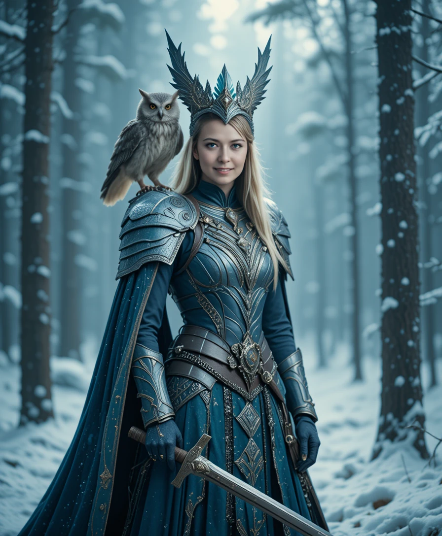 Fantasy warrior queen in armor in a snowy forest