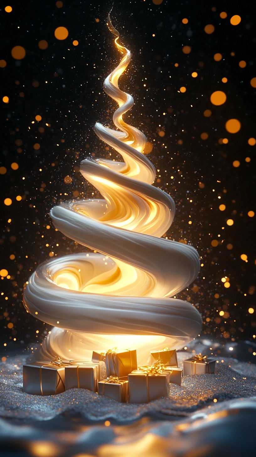 Abstract luminous christmas tree with gifts in darkness