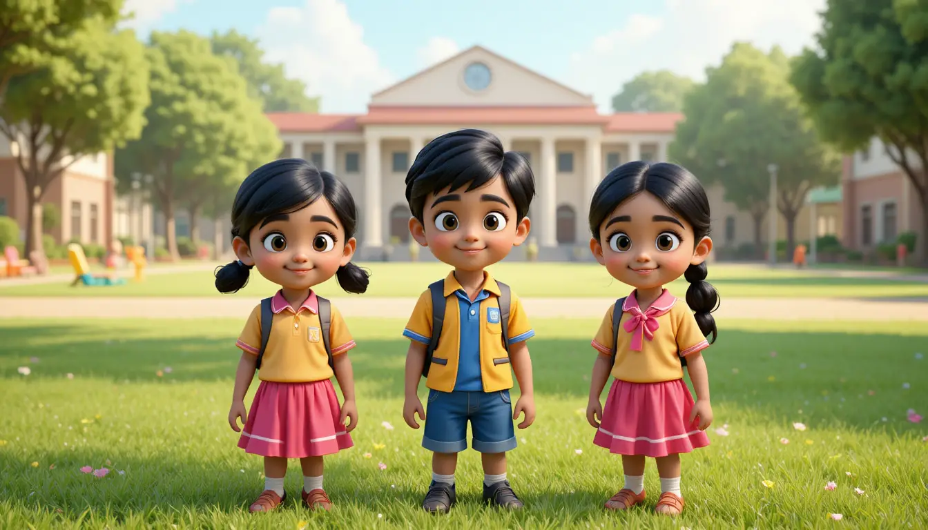 Trois écoliers indiens en 3D dans une cour ensoleillée