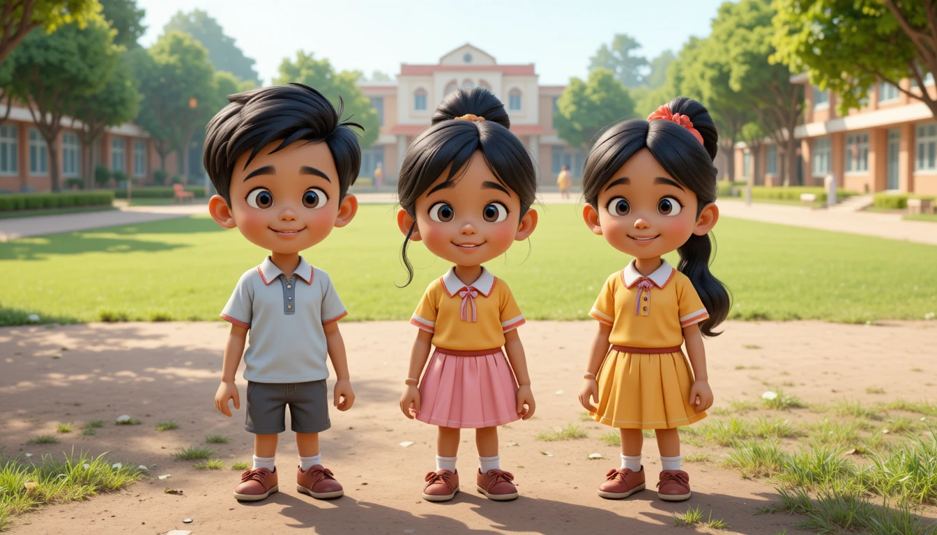Três crianças indianas em desenho 3D em um pátio de escola