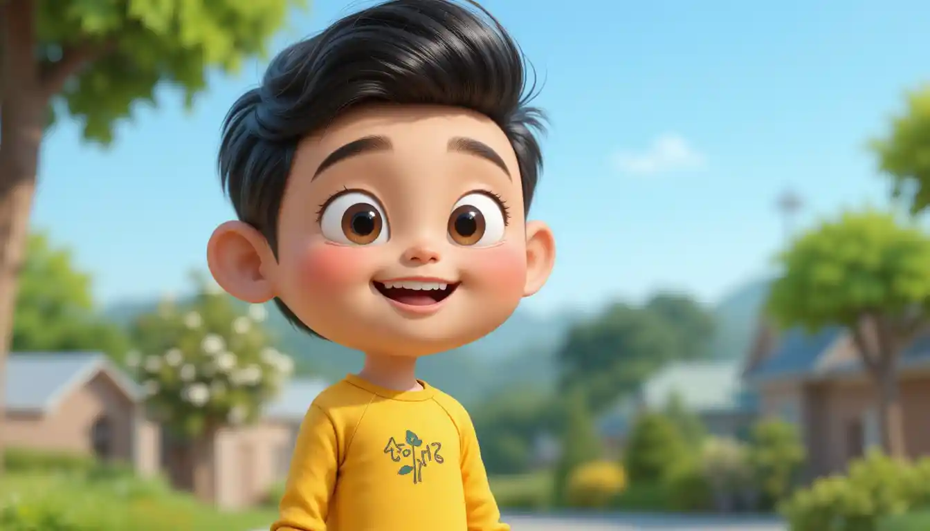 黄色いトップスと青いショートパンツの笑顔の3Dアニメ少年
