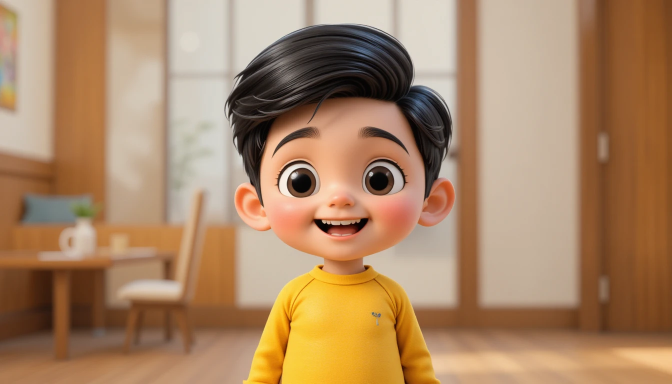 Smiling 3D cartoon boy in yellow top and blue shorts