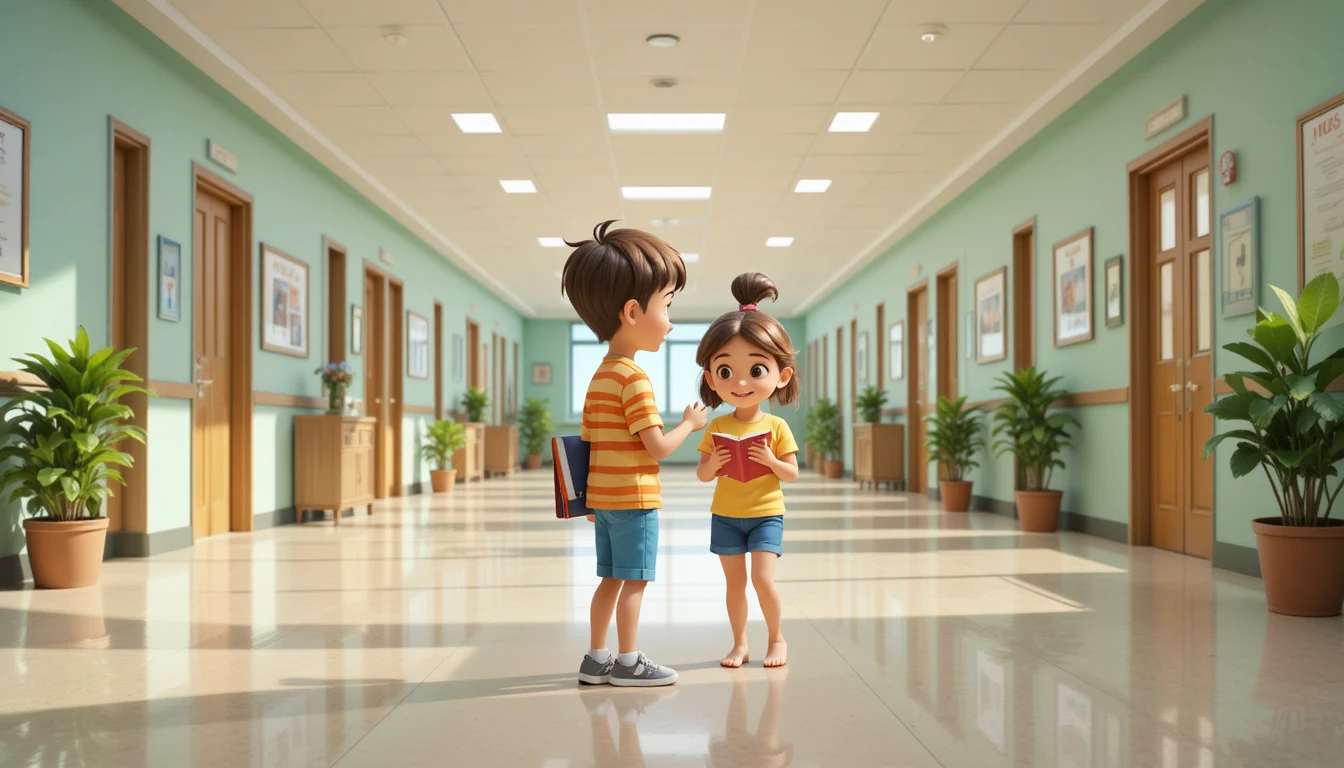 Children Meeting In A Bright 3d School Corridor