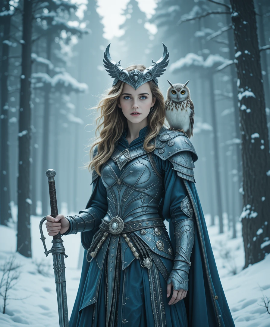 Fantasy warrior queen with owl in a snowy forest