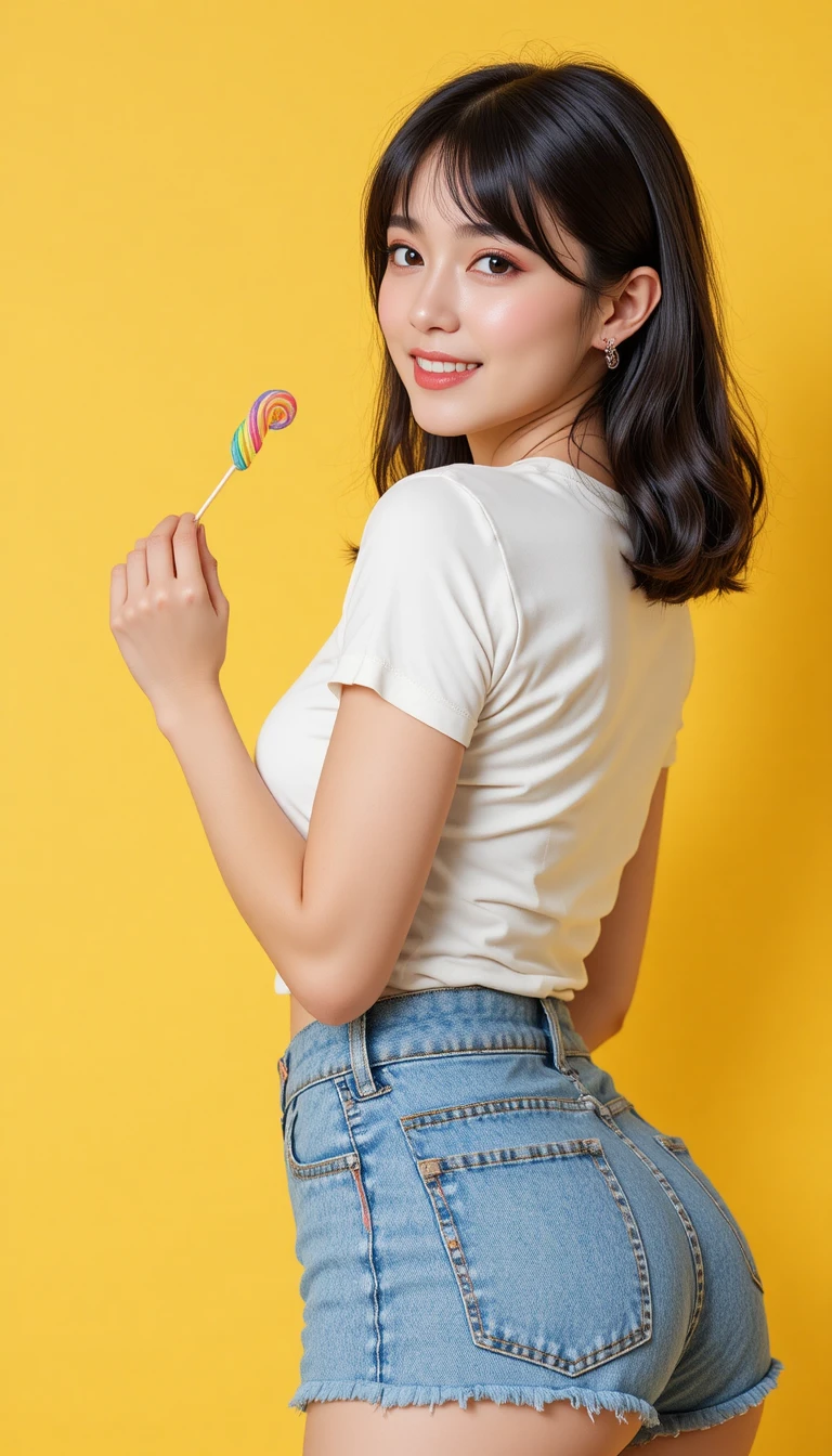 Femme joueuse posant avec une sucette sur fond jaune