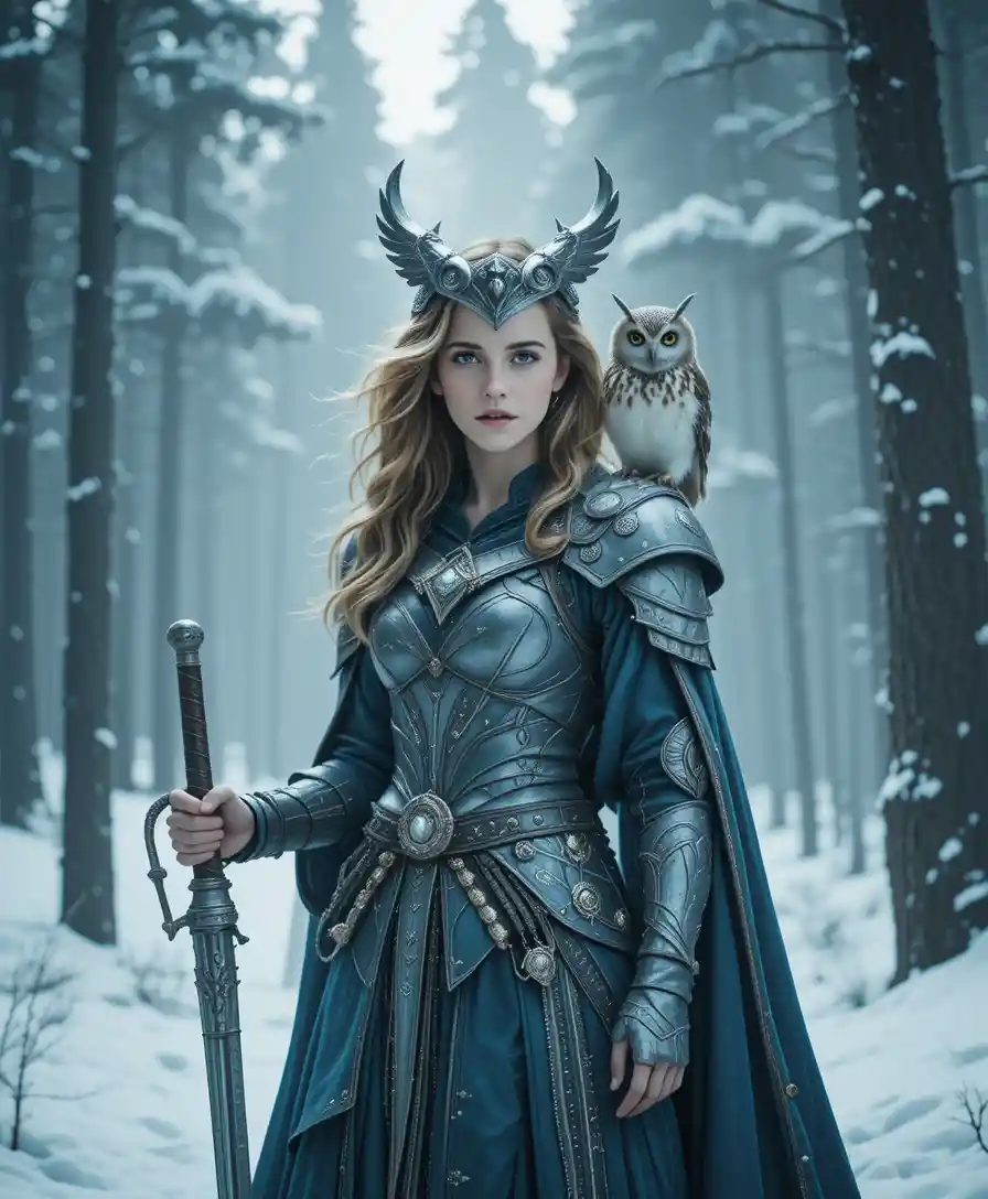 雪の森のフクロウを連れたファンタジーの戦士女王