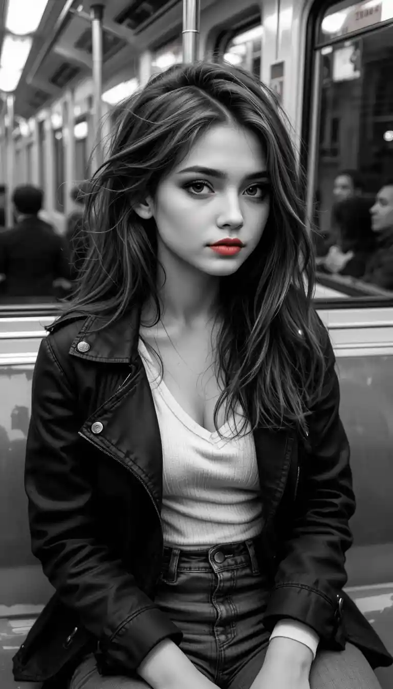 Teen girl with messy hair on subway in profile view