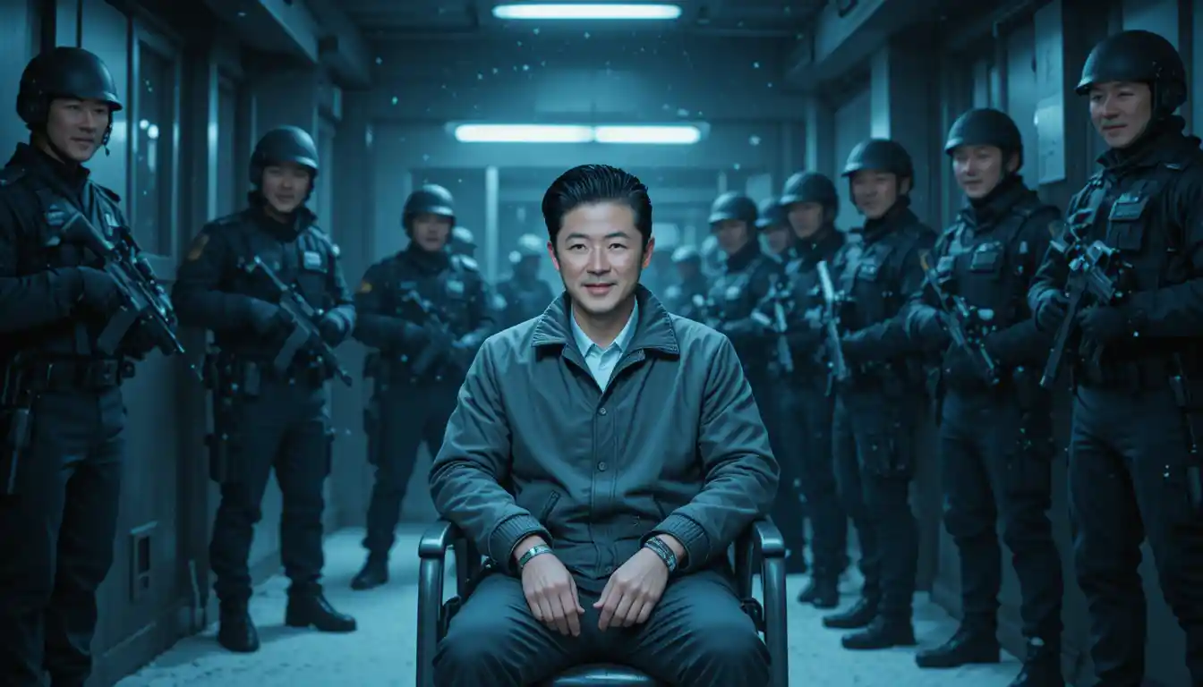 Calm detained man in a snowy Taiwanese police station