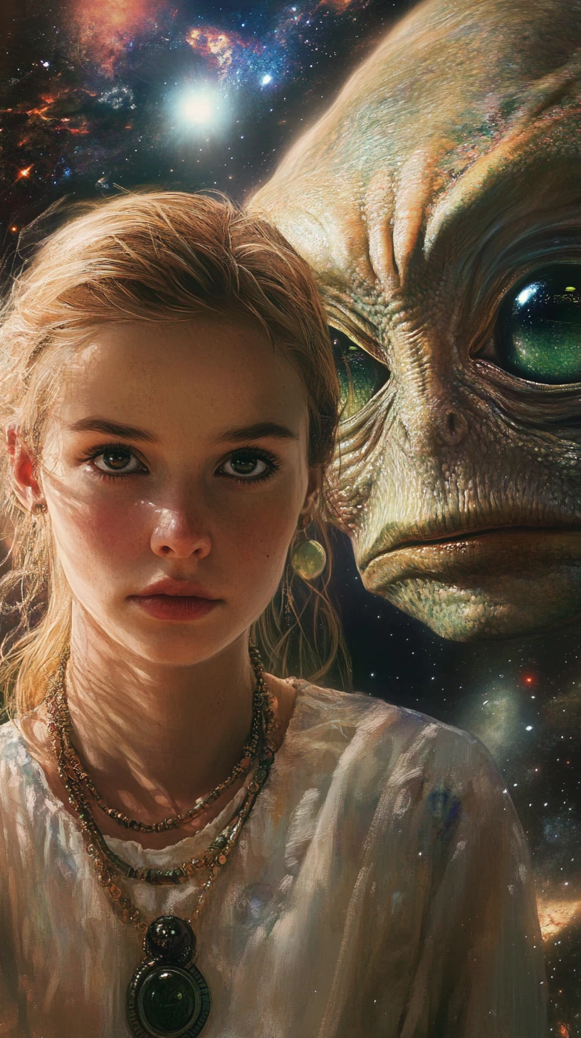 Crying woman and alien under a mysterious starry sky