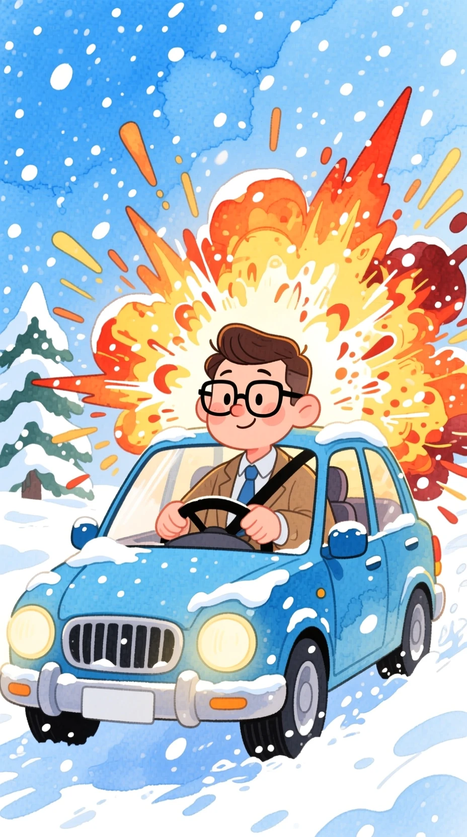 卡通男子駕車衝過大雪與火焰爆炸