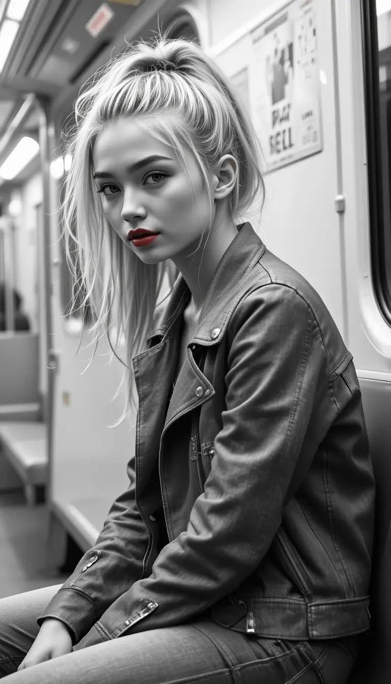 Teenage girl with ponytail sitting on subway bench