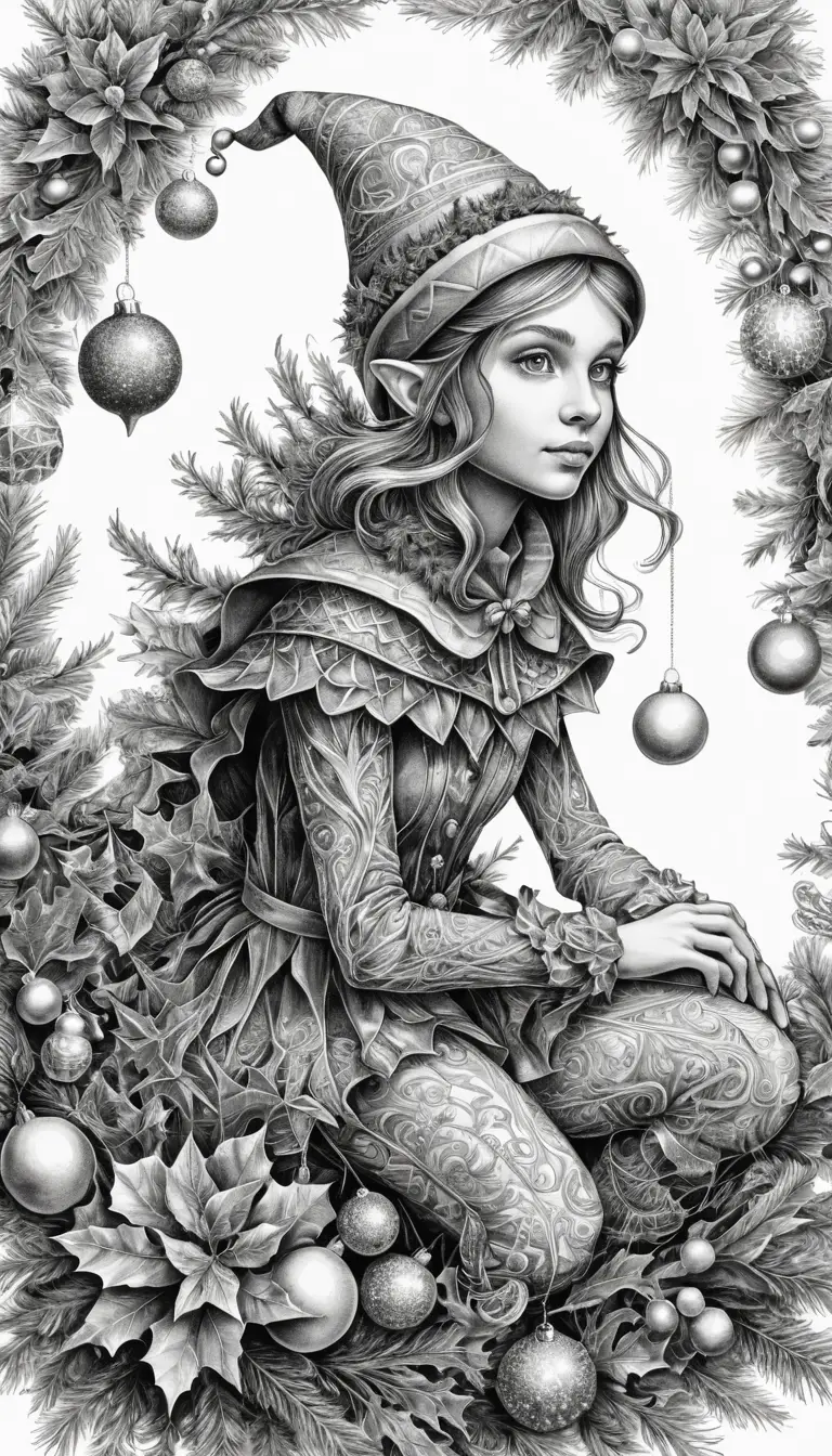 Intricate Black And White Ink Drawing Of A Christmas Elf