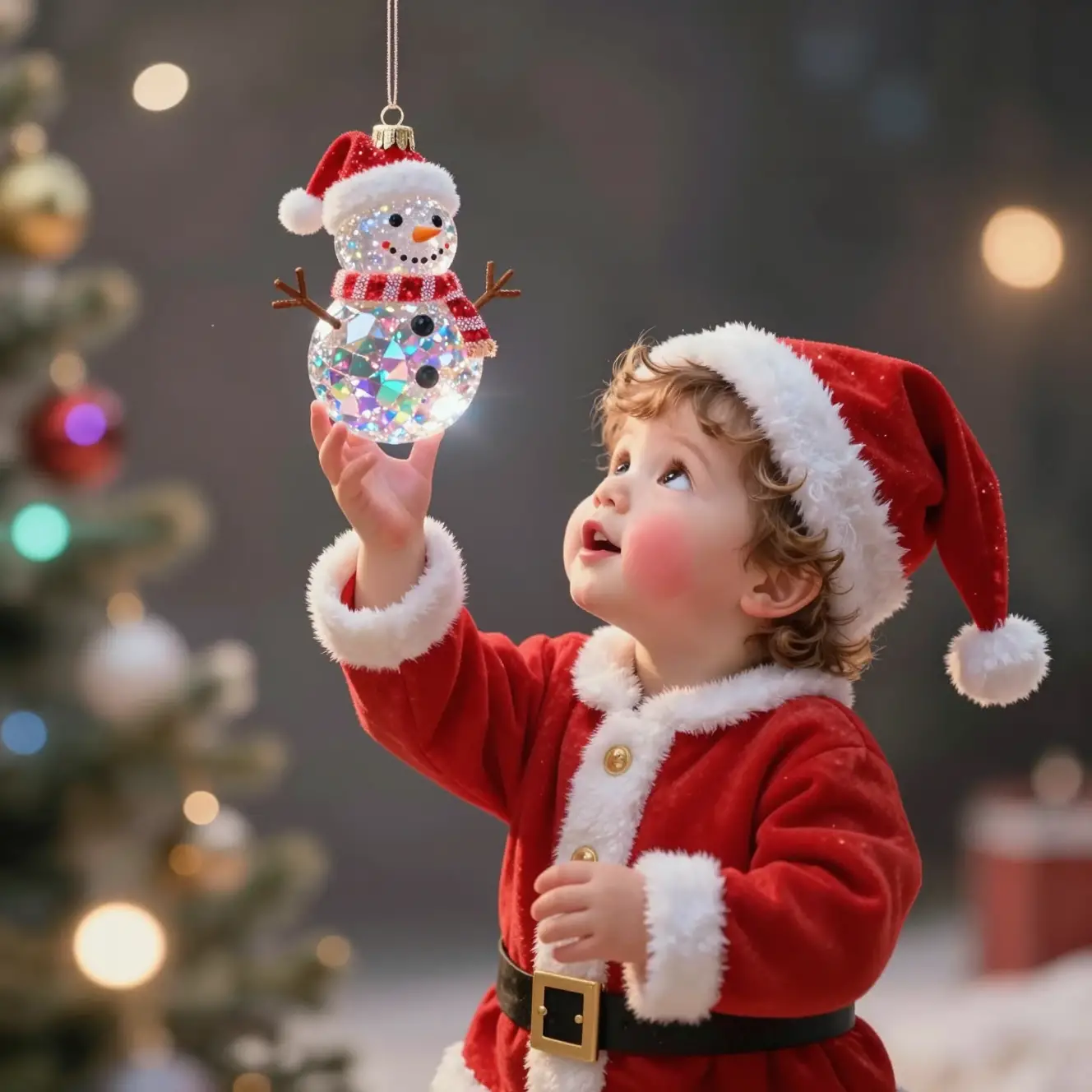 Cute baby boy in santa suit staring at crystal snowman