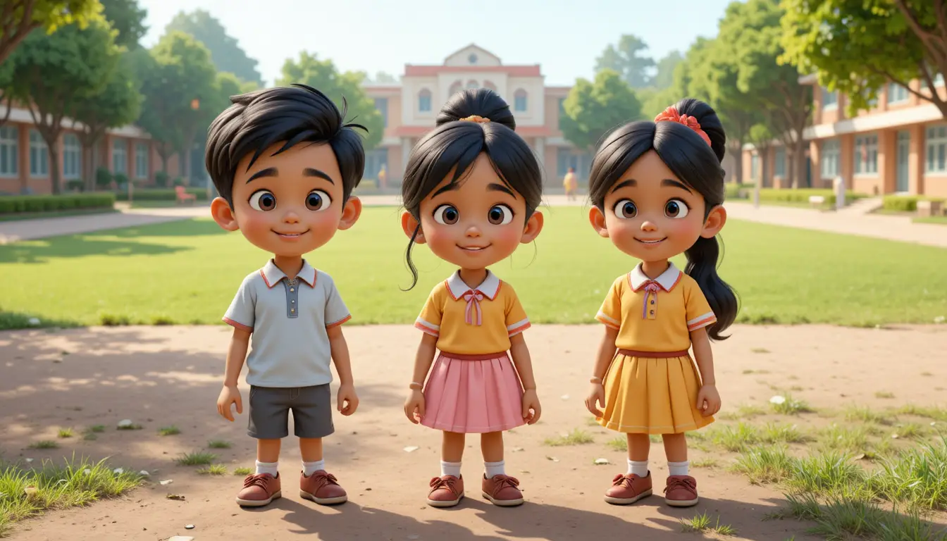 Trois enfants indiens en cartoon 3D dans une cour d’école