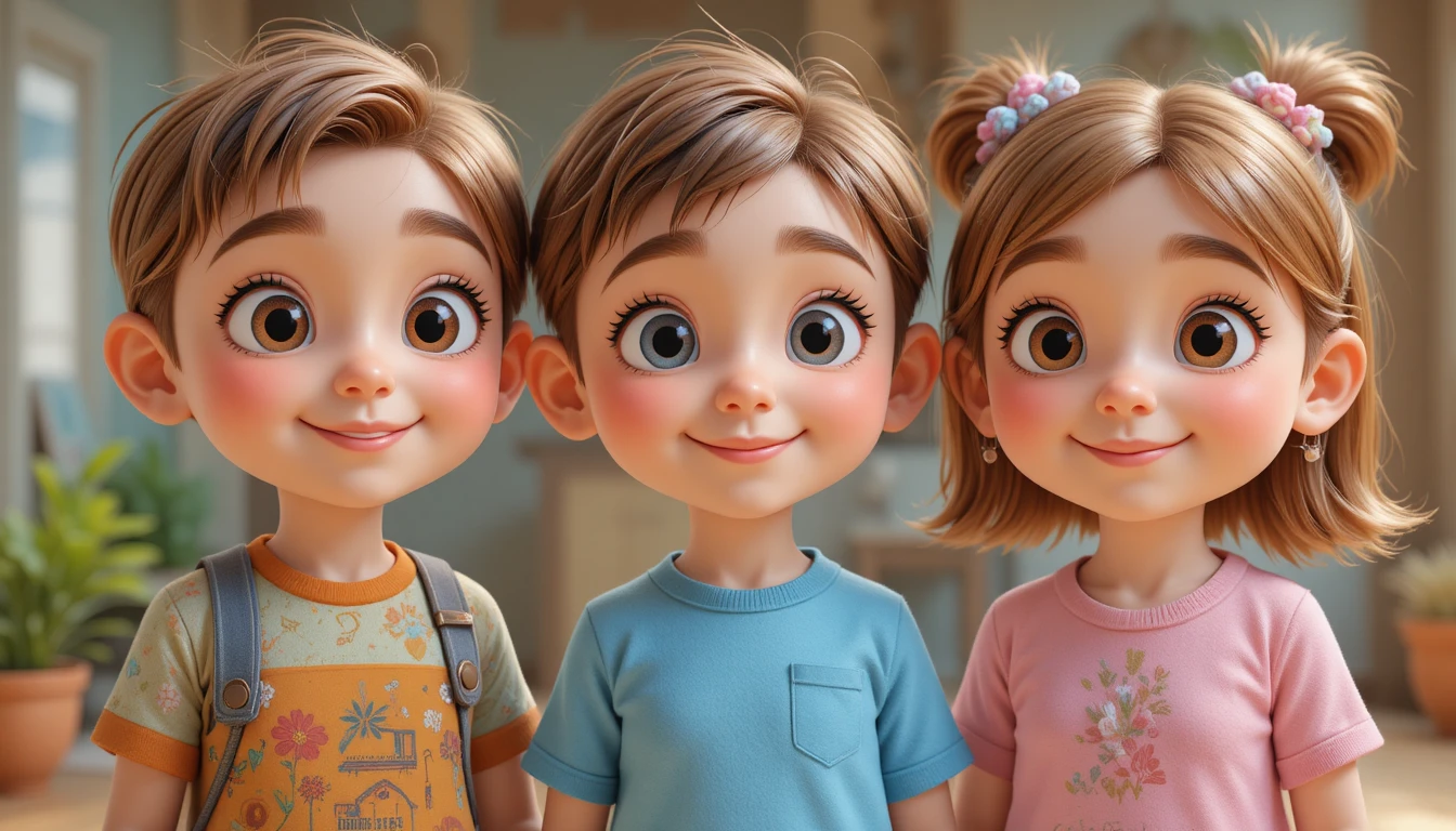 Tre dolci bambini 3D in stile cartone che sorridono insieme in colori pastello
