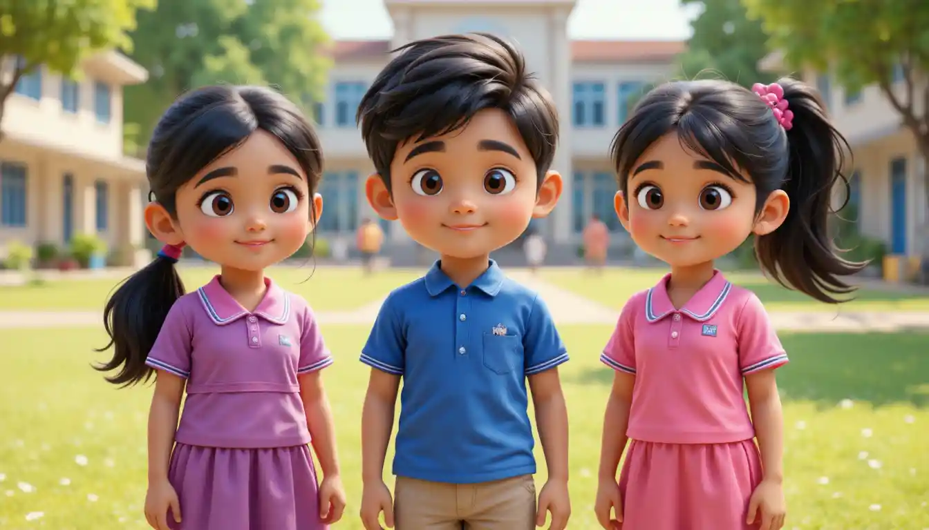 Drei lächelnde indische 3D-Kinder auf dem Schulhof