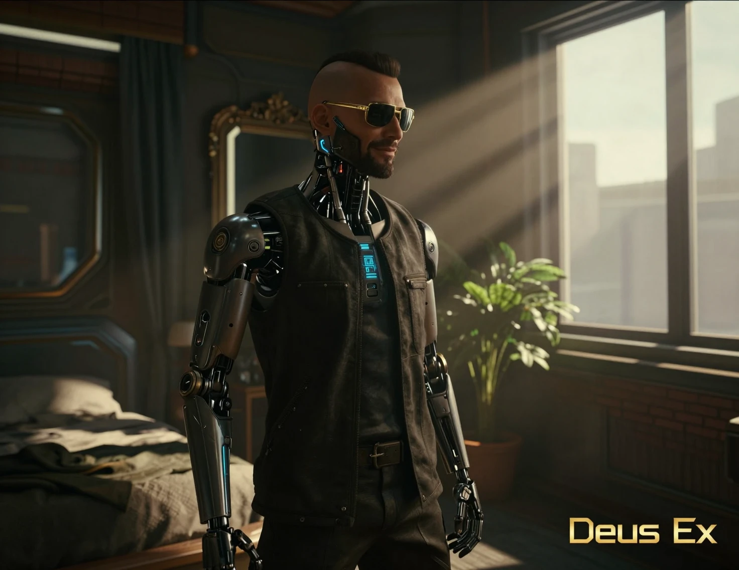 Cybernetic man standing by sunlit window in sci fi room