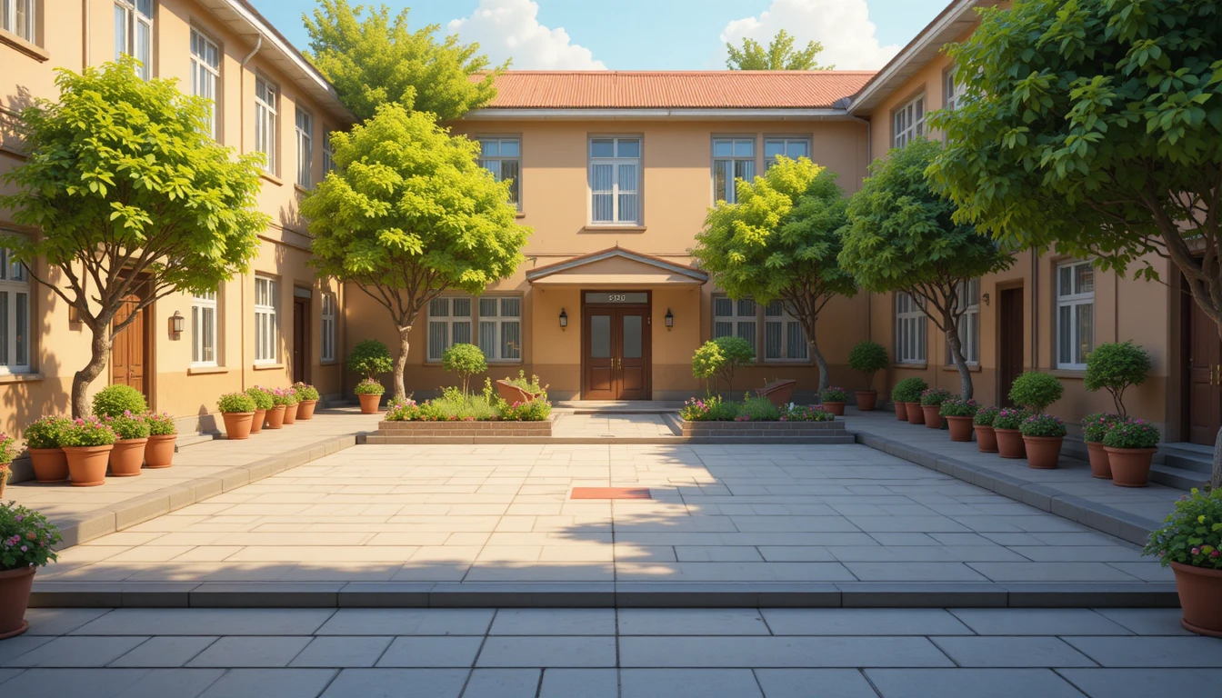 Acogedor patio escolar 3D estilo caricatura con plantas y árboles