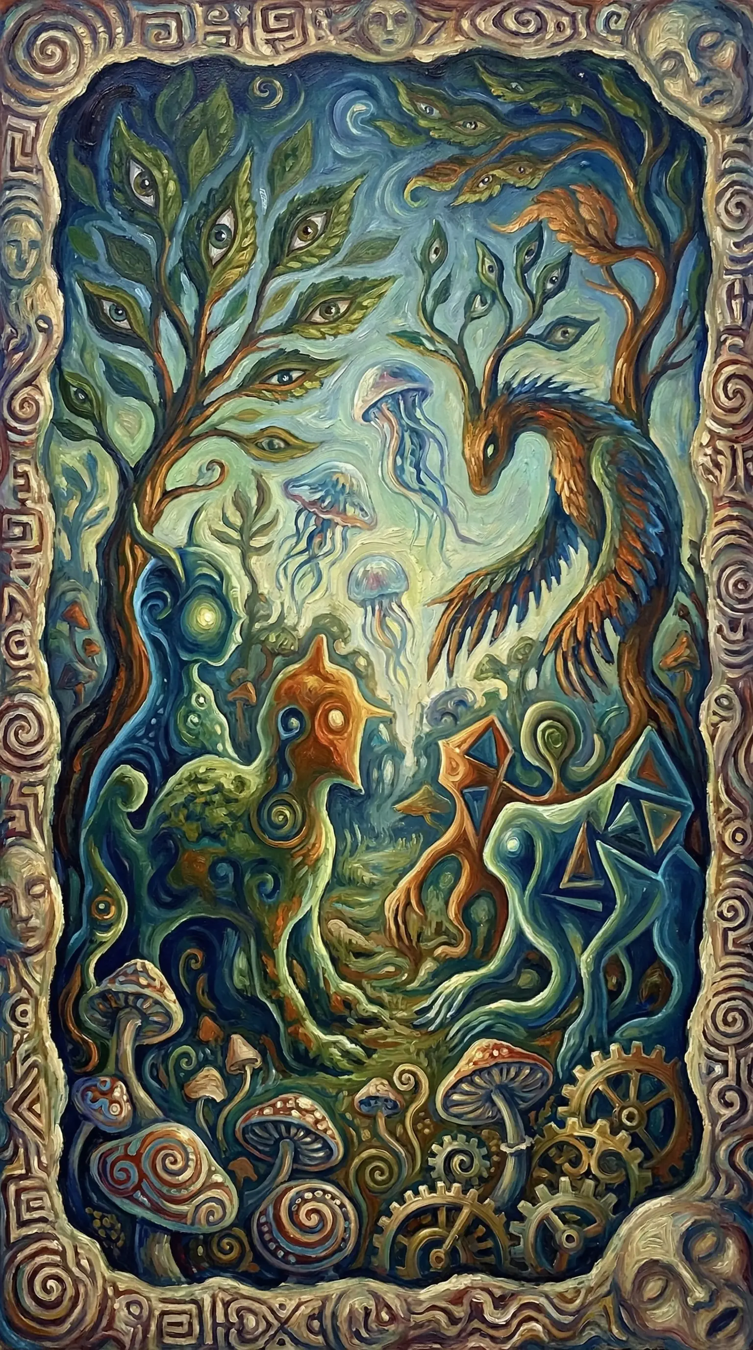 Dreamlike fantasy realm of tangled flora and fauna forms