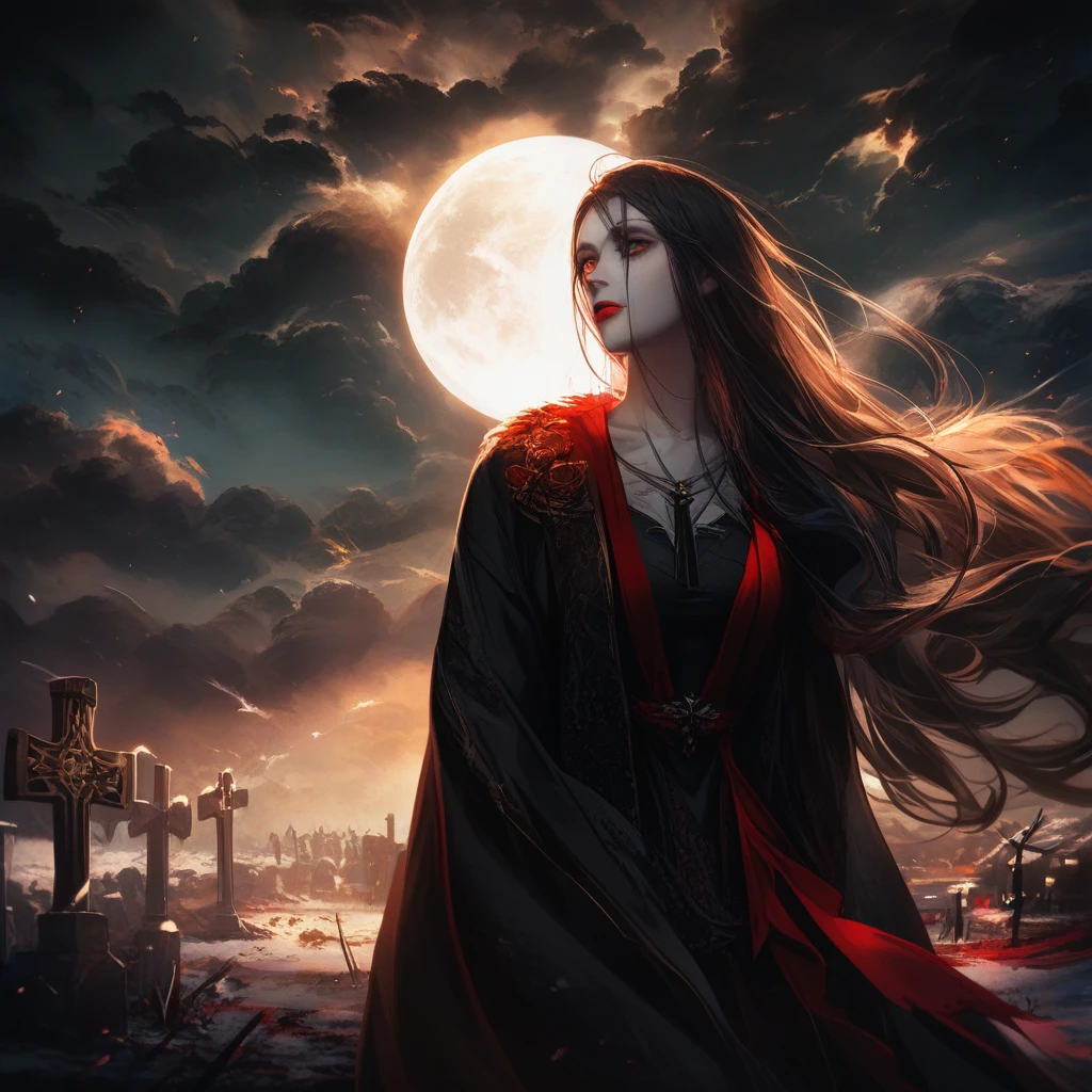 Vampirmädchen mit Rabe auf verschneitem mondbeschienenem Friedhof