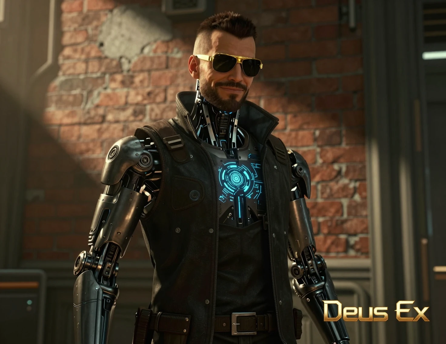 Détective cyborg souriant dans un intérieur cyberpunk sombre