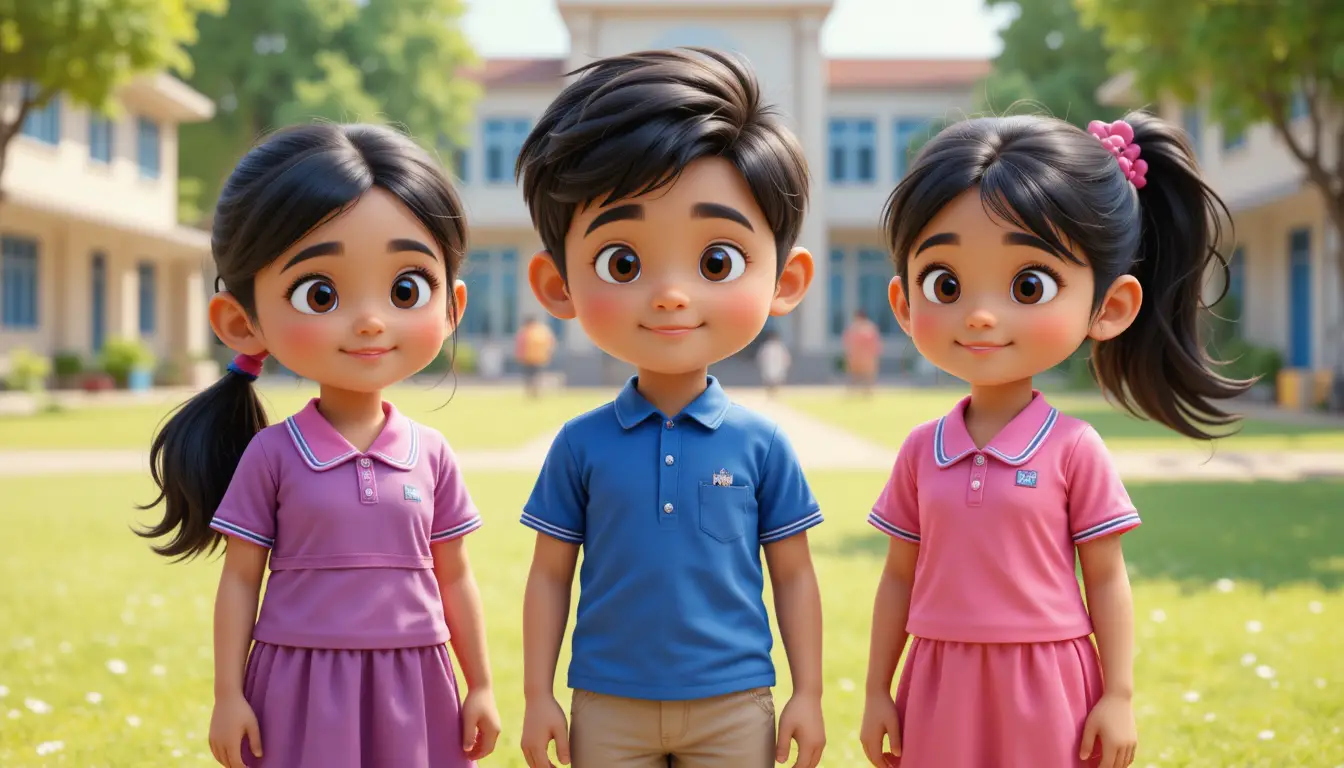 Trois enfants indiens 3D souriant ensemble dans une cour d’école