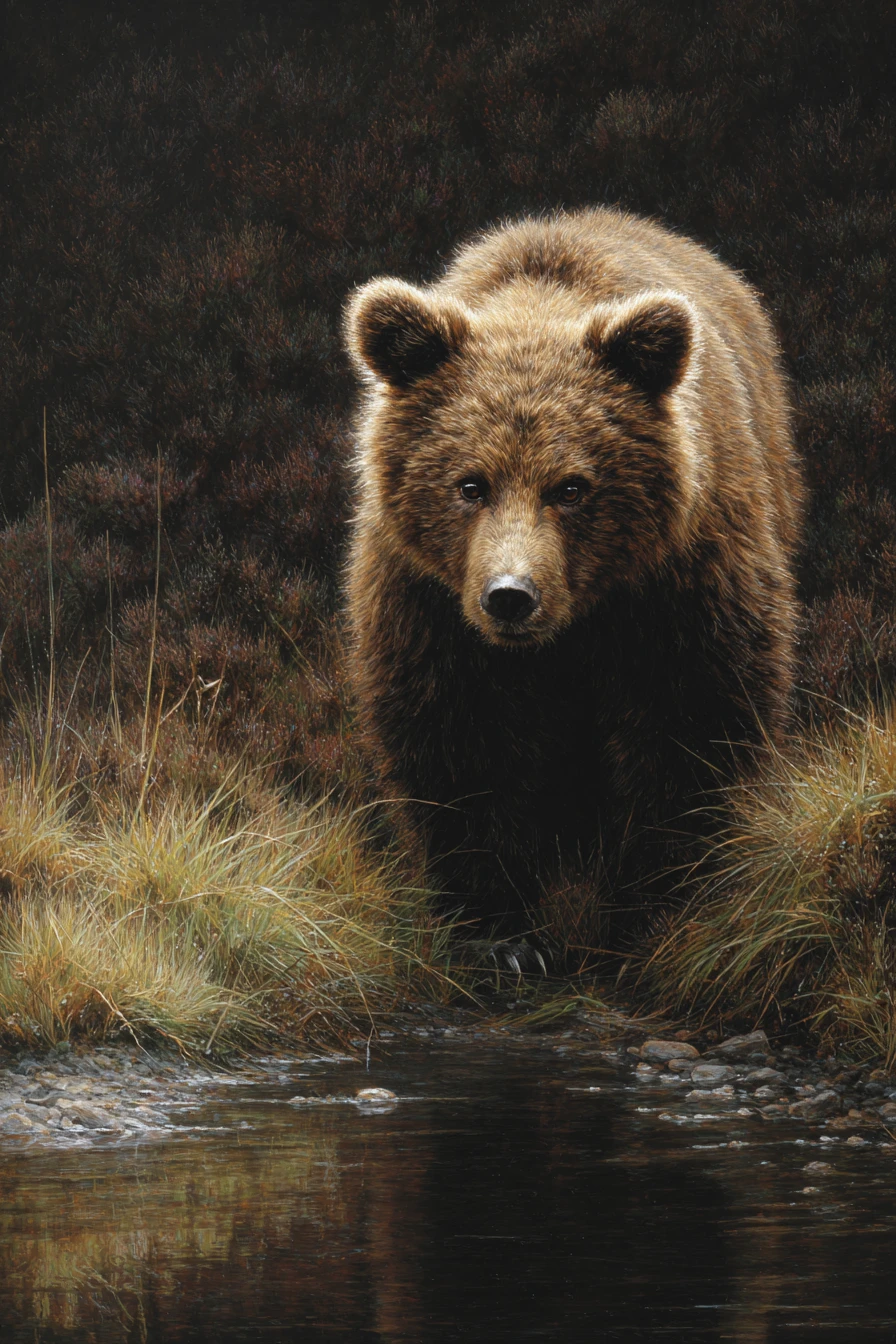 Young brown bear cub gazing sadly by a quiet stream