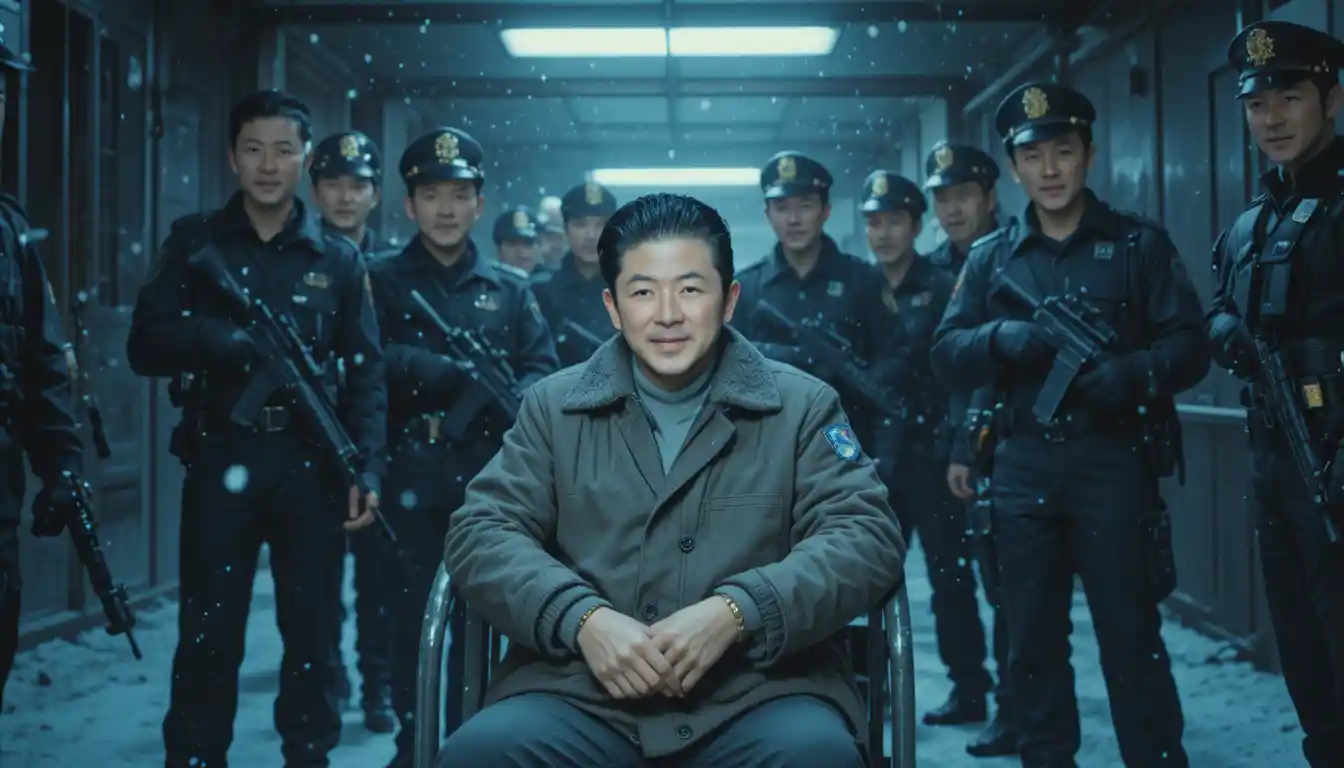 Calm teacher in handcuffs at snowy night police post