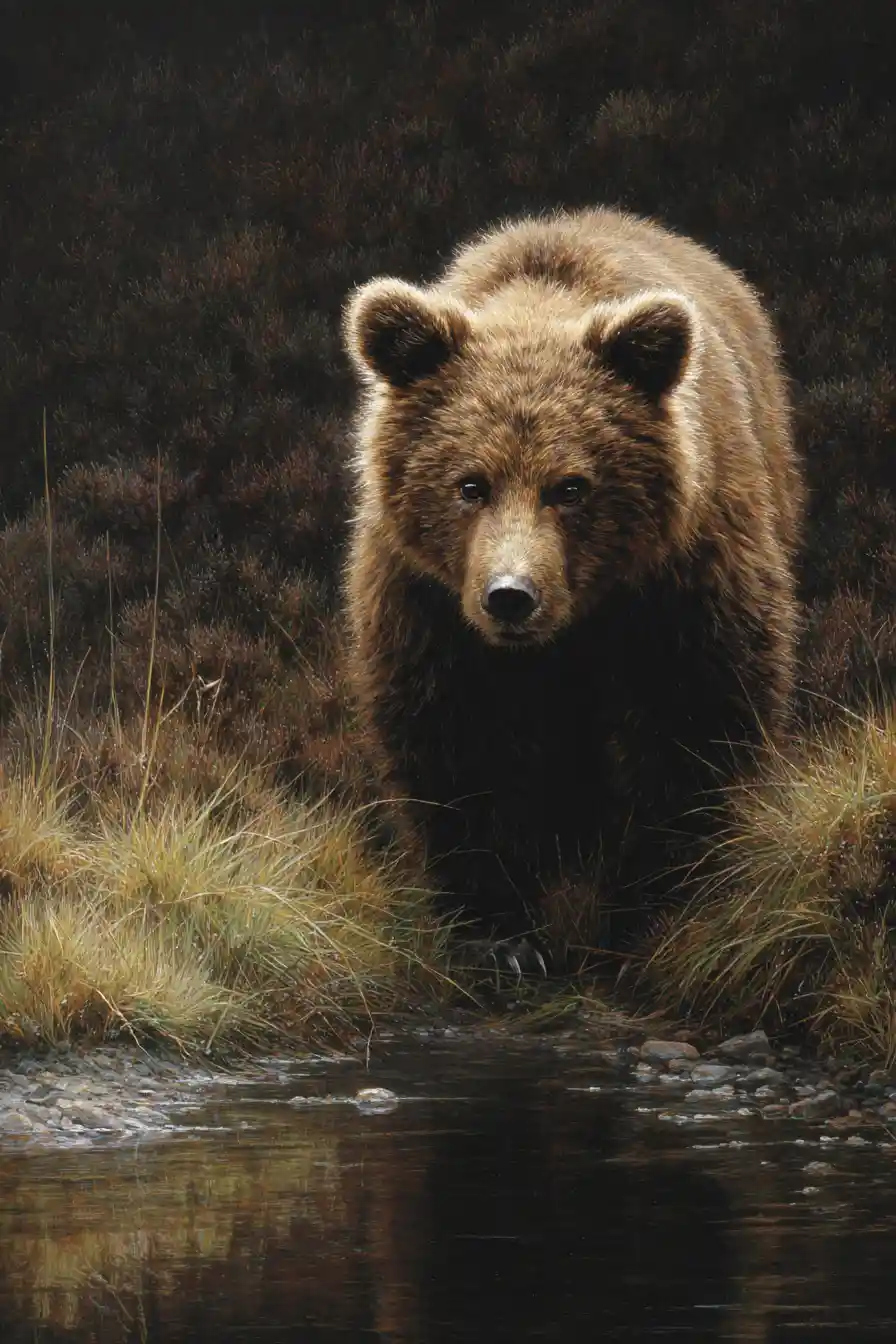Young brown bear cub gazing sadly by a quiet stream