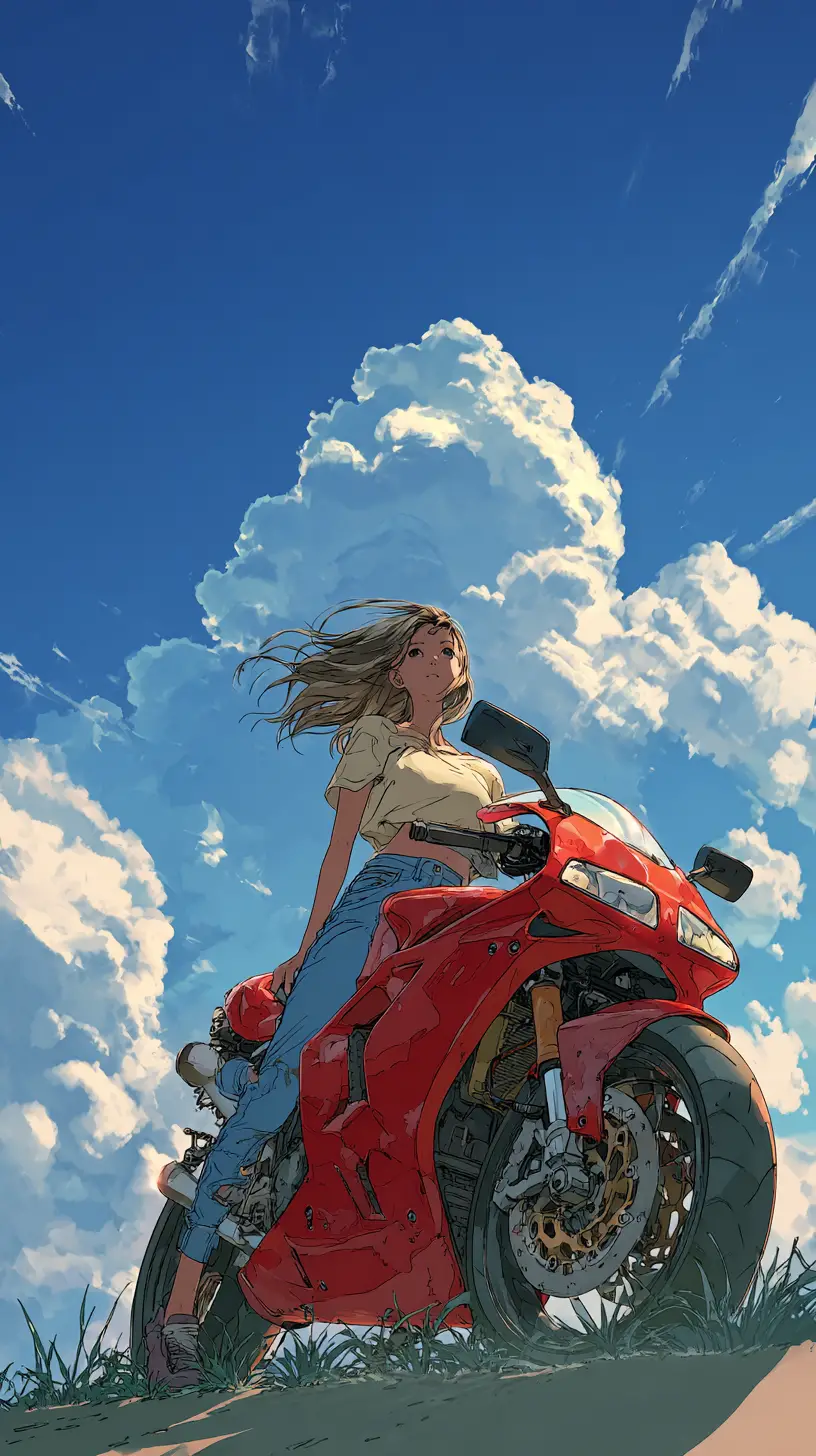 Ragazza anime su moto sportiva sotto il cielo azzurro