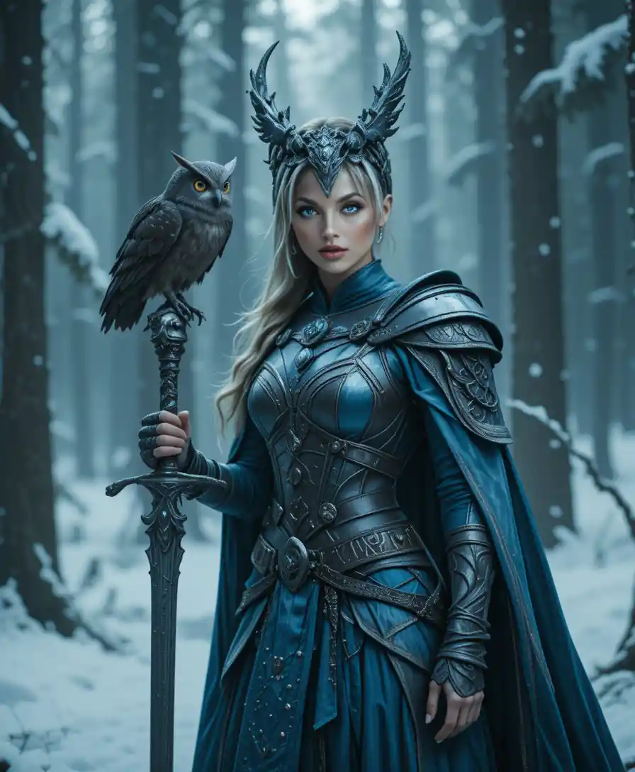 Fantasy-Kriegerkönigin in Rüstung mit Eule im verschneiten Wald