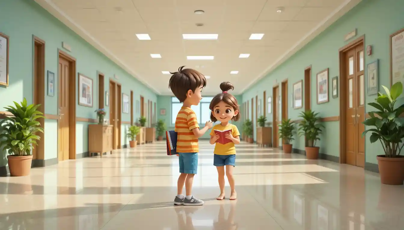 Children Meeting In A Bright 3d School Corridor