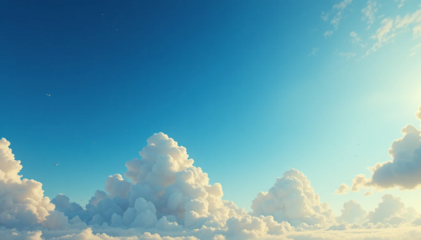 Sanfter blauer Himmel mit fluffigen Wolken und zartem Sonnenlicht