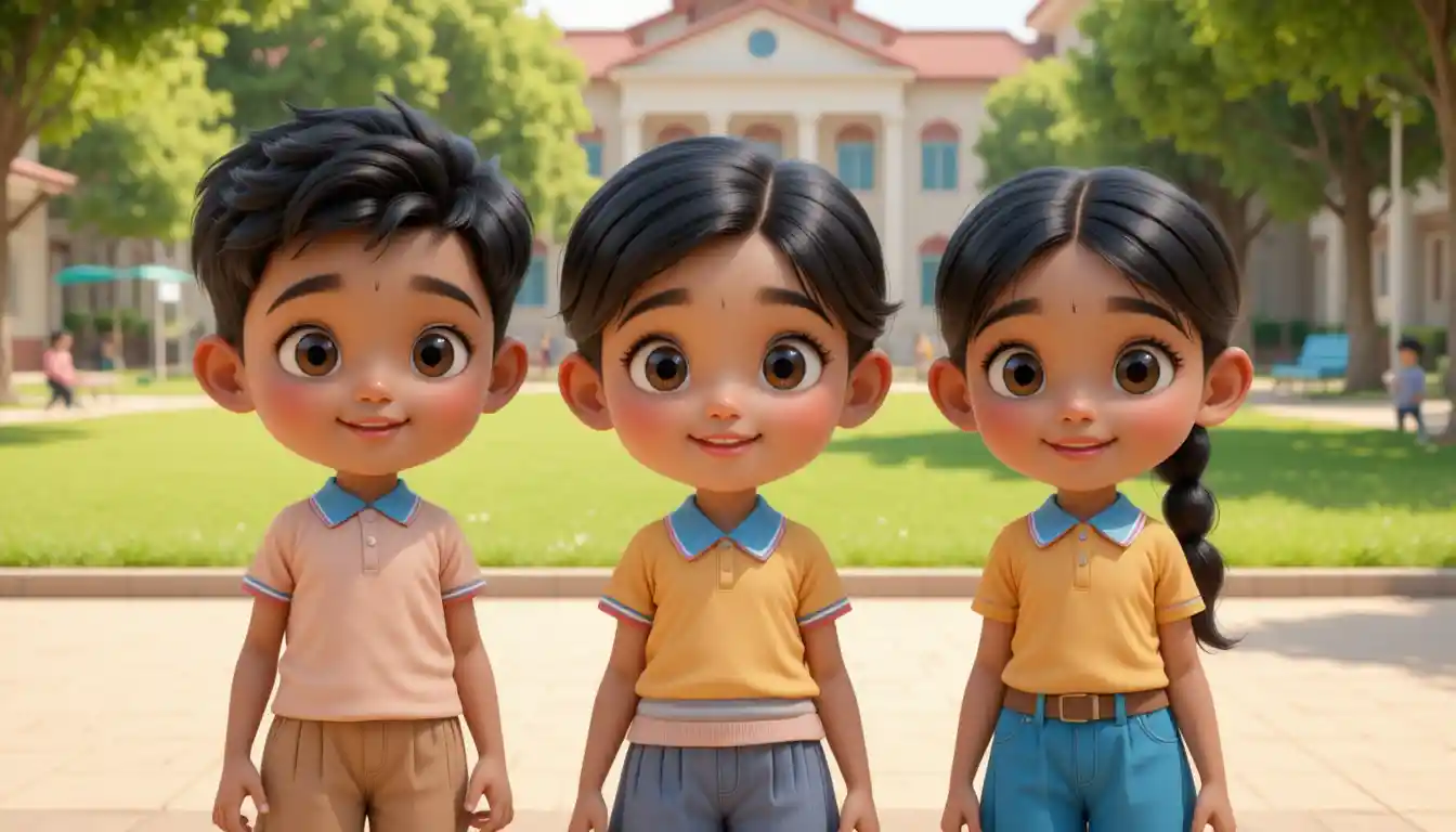 Three 3D cartoon Indian children on a bright school playground
