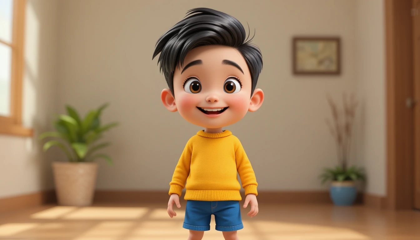 黄色いトップスと青いショートパンツの陽気な3Dカートゥーンの男の子