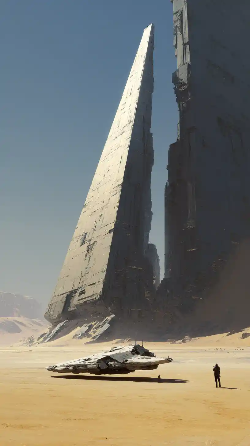 Brutalist stone pyramid towering over a vast desert landscape