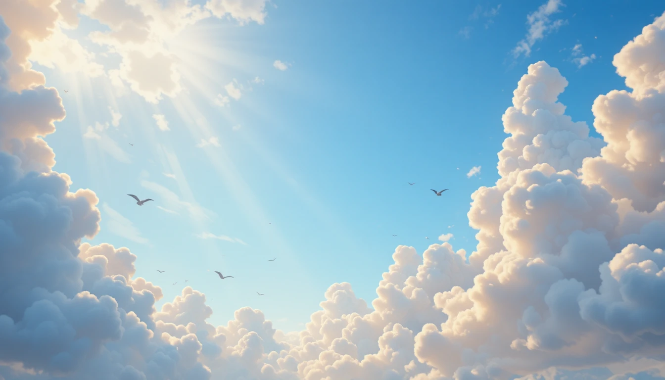 Cielo azzurro sereno con morbide nuvole cumulo e luce solare