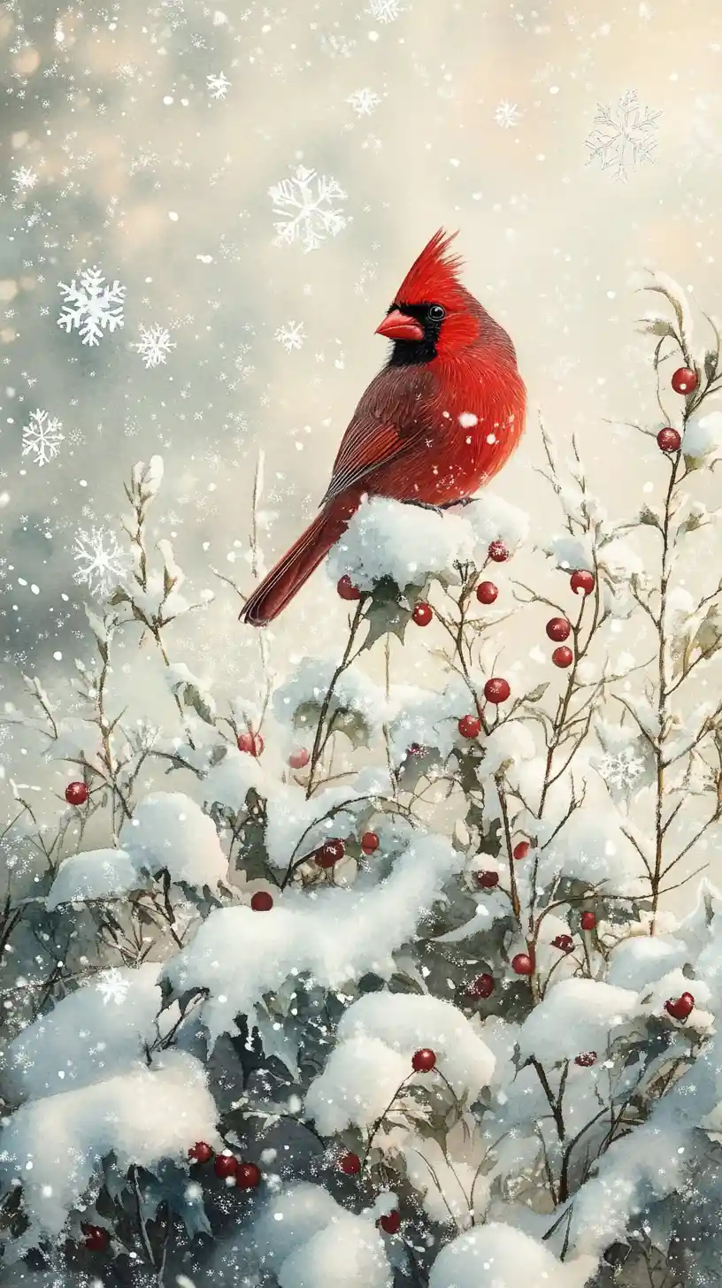 Cardinale rosso sul vischio in una foresta invernale innevata