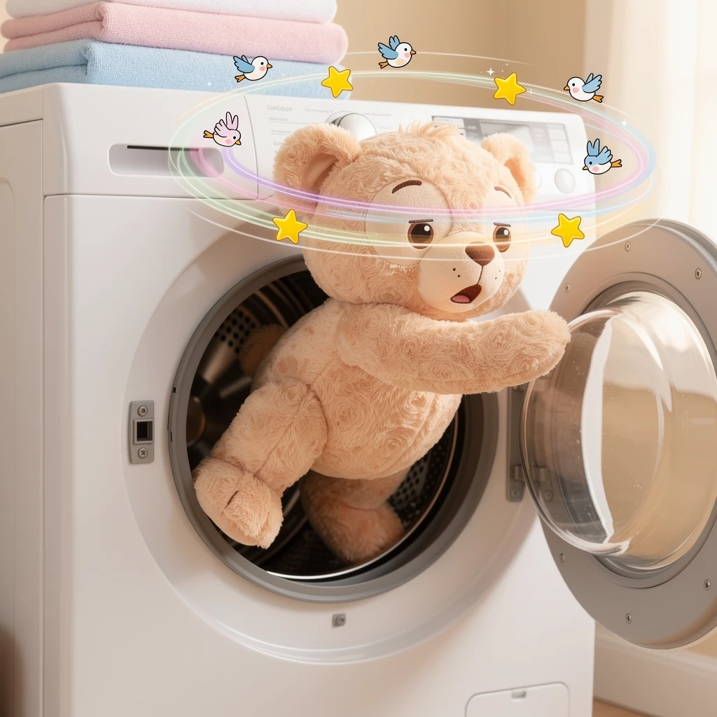 Orsetto di peluche che esce dall’asciugatrice con effetti cartoon di vertigini
