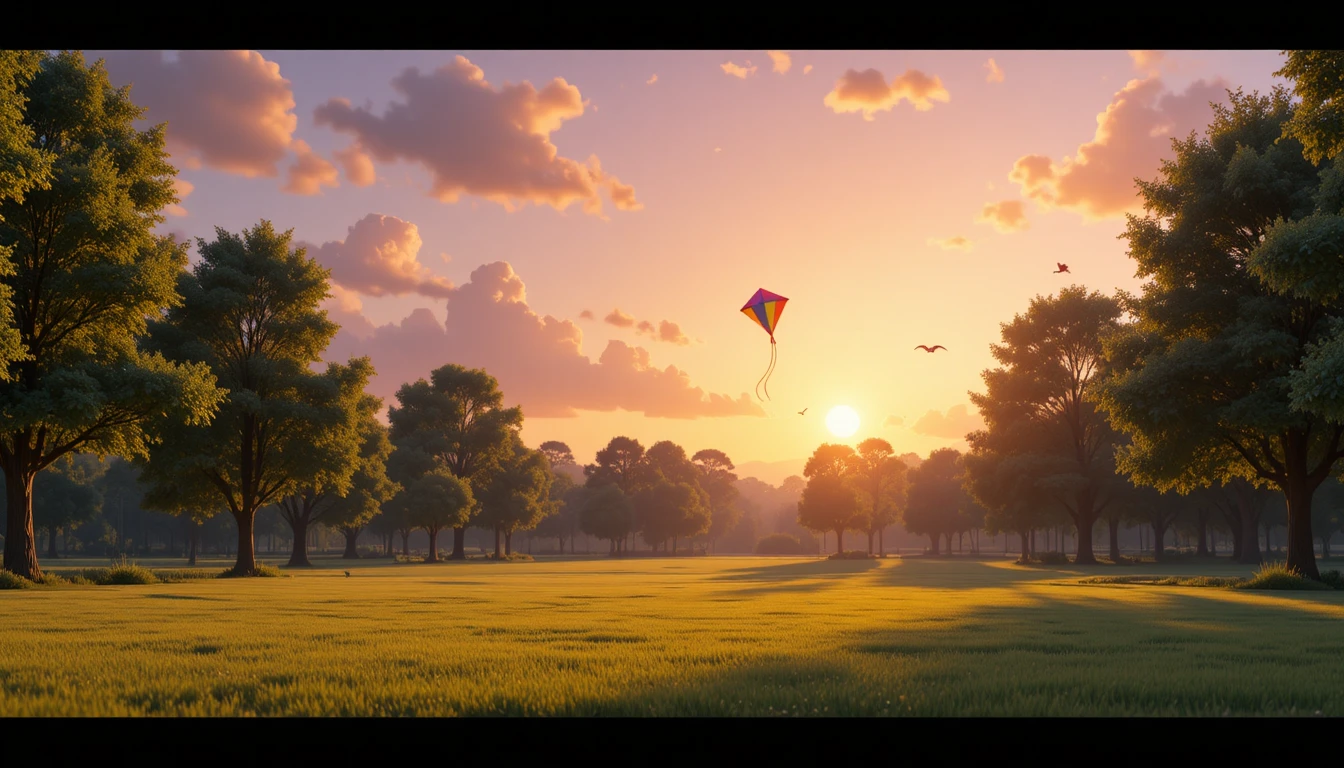 Peaceful 3D park with kite at golden hour sunset