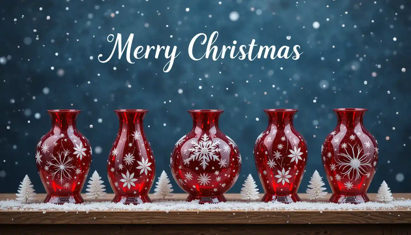 Red crystal vases on snowy Christmas pine background