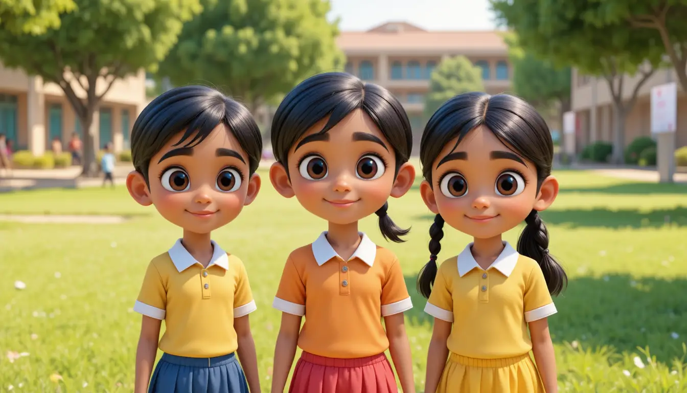 Trois enfants souriants en dessin animé 3D dans une cour d’école
