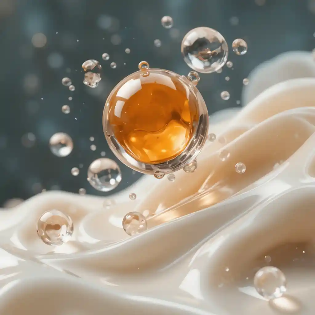 Soft cosmetic serum droplets in glossy abstract spheres