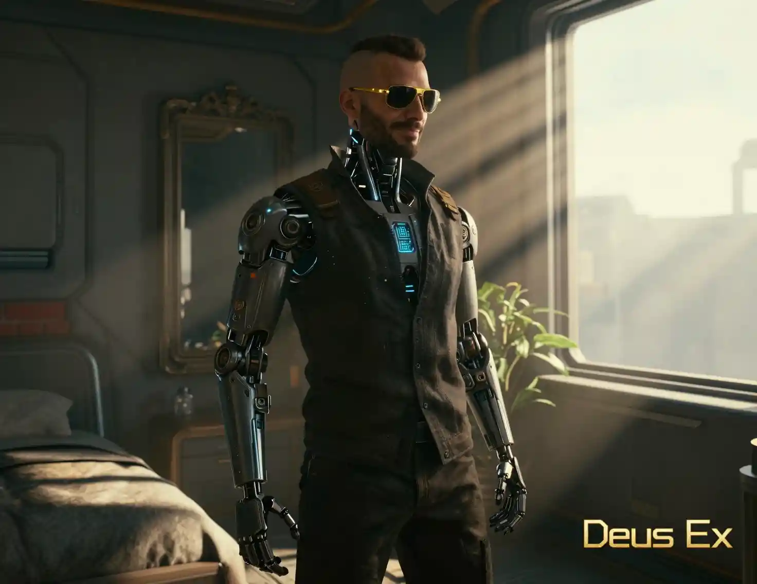 Augmented man standing in sunlight in a futuristic bedroom