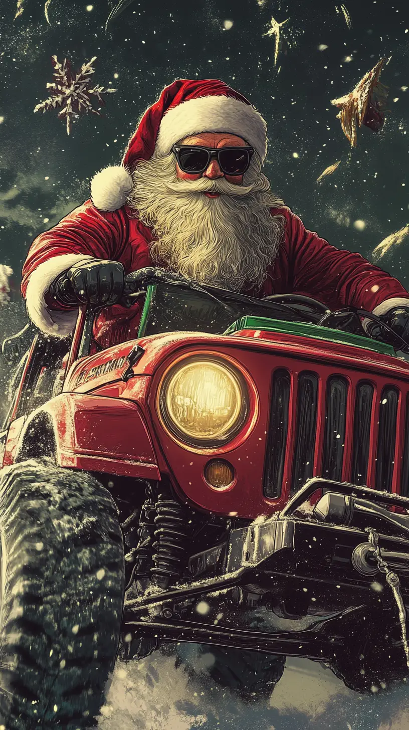 Santa driving a jeep straight toward the viewer
