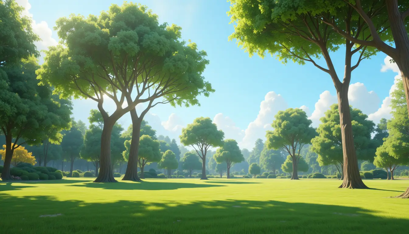 Wide Park Landscape With Green Lawns And Tall Trees