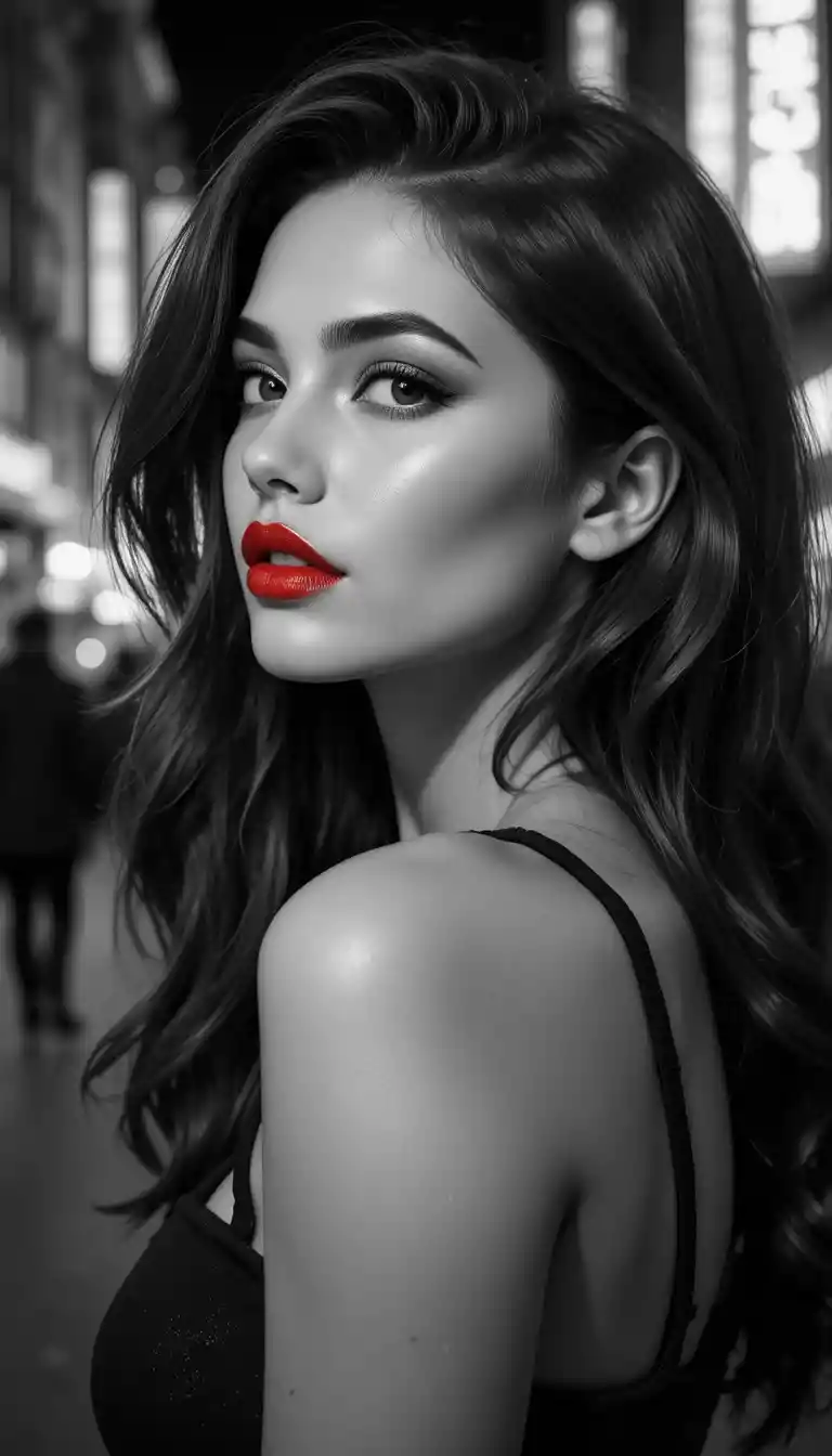 Black and white close up of woman in city at night