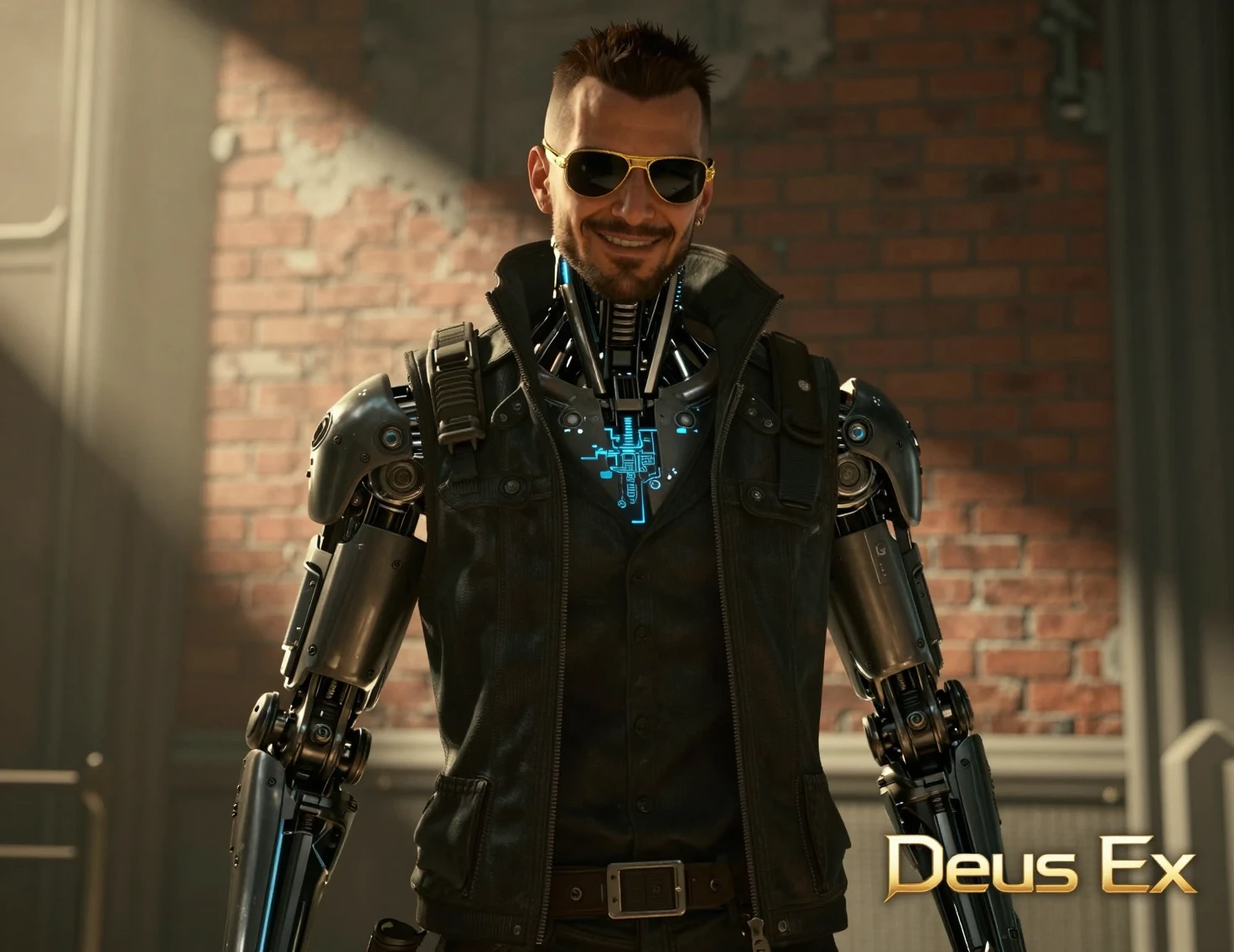 Augmented detective cyborg man in sunlit cyberpunk interior